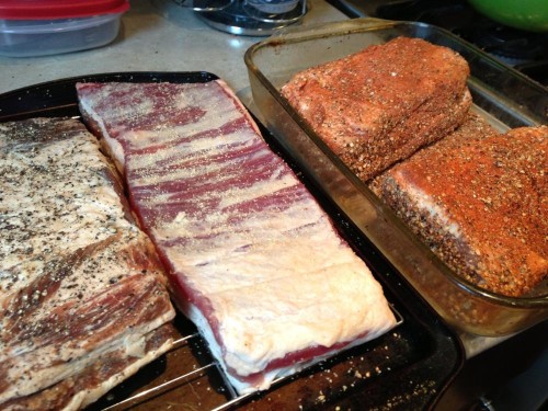 Beef bacon ready to smoke, Pastrami on the right