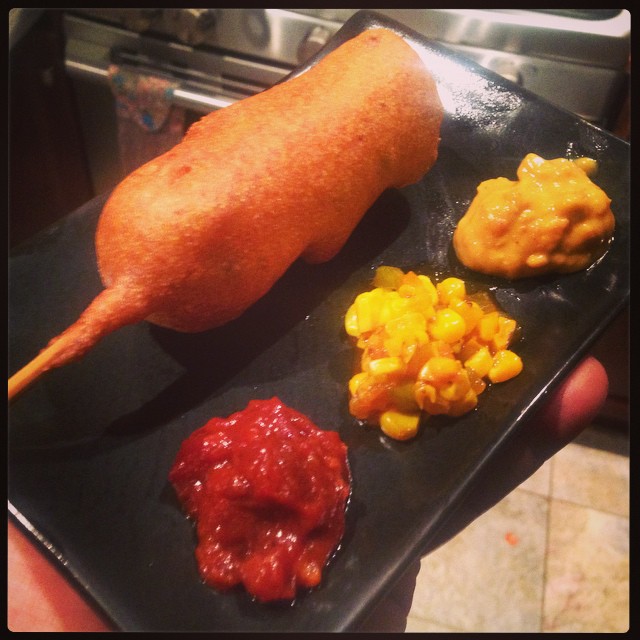 This was one of my ideas for our corn and bacon themed dish that's not being used.  Cider braised slab bacon corn dog,  spicy bacon ketchup, corn relish, maple horseradish mustard.